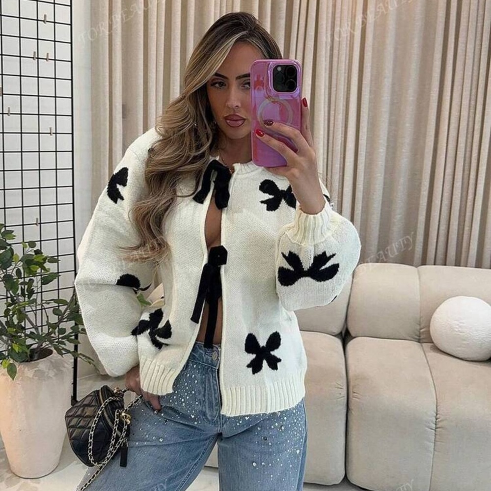 Autumn And Winter New Round Neck Bow Long-Sleeved Knitted Cardigan Ms. Loose